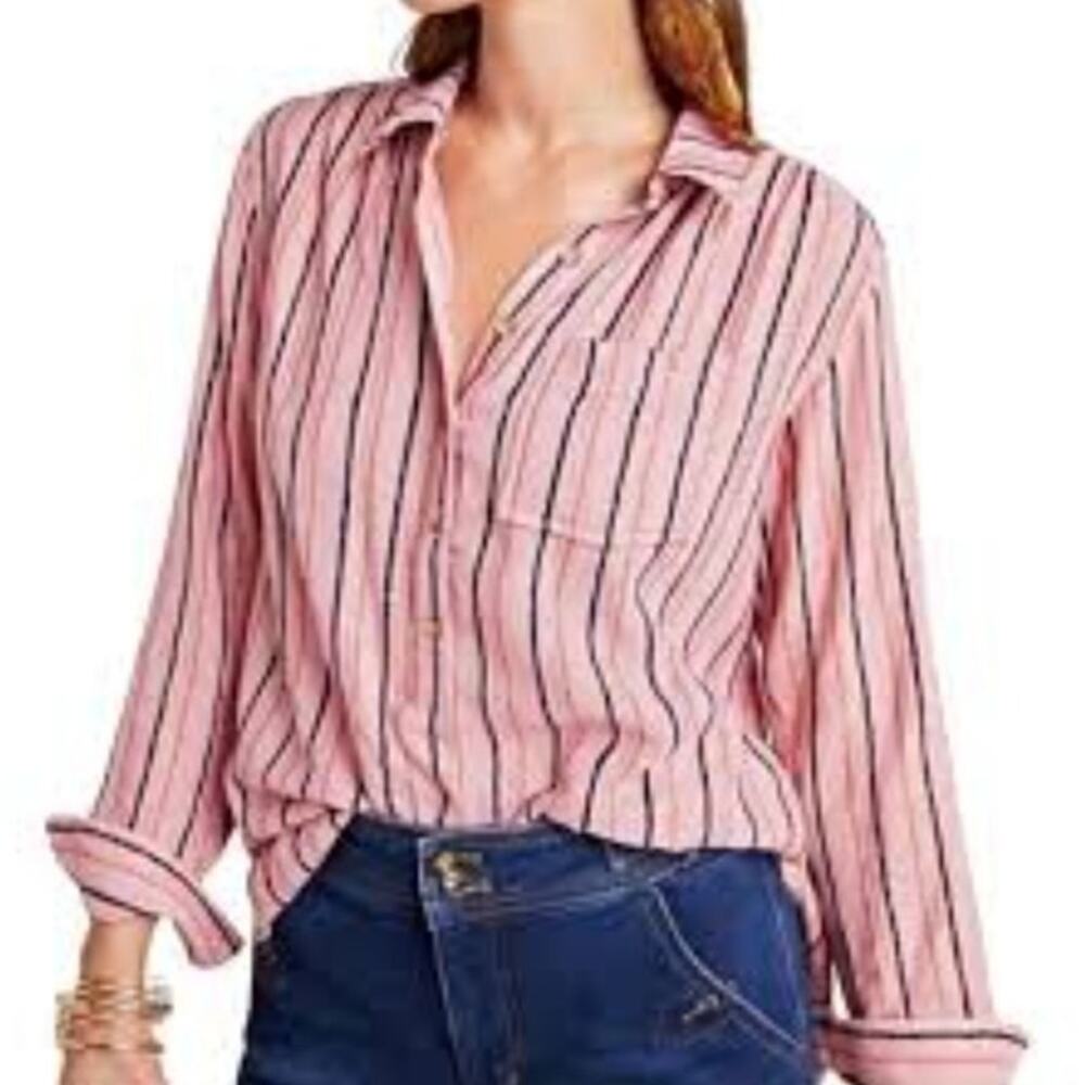 Anthropologie Isadora Button Back Tunic Top S Pink Gold Stripe Popover Shirt NWT